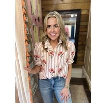 Pink Striped/Flowered Puff Sleeve Blouse