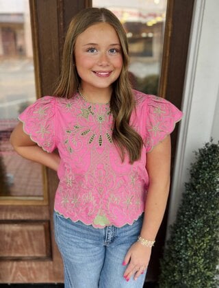 Pink/Green Embroidered  Blouse