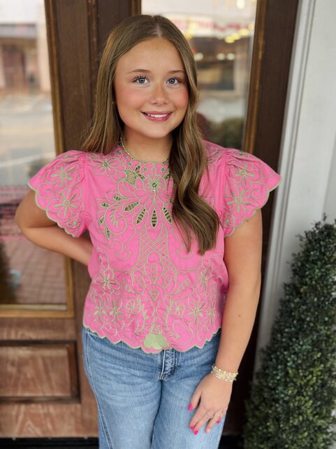 Pink/Green Embroidered  Blouse