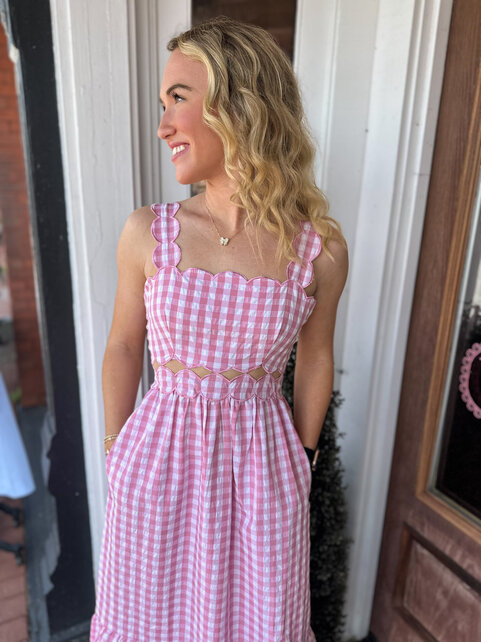 Spring Gingham Scalloped Midi Dress