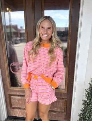 Peachy Bloom Stripe Lounge Sweat Shorts