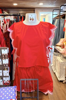 Red Scalloped & Embroidered Top