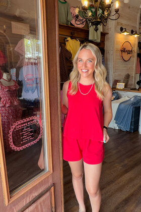 Red Contrast Line Stitch Top