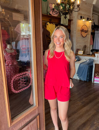 Red Contrast Line Stitch Top