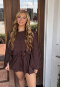 Striped Ruffle Sleeve Top -Brown/Navy