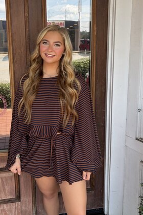 Striped Ruffle Sleeve Top -Brown/Navy