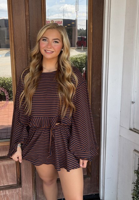 Striped Ruffle Sleeve Top -Brown/Navy