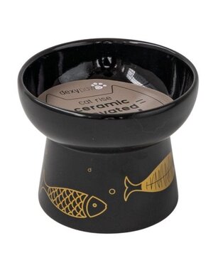 Dexypaws Dexypaws Raised Ceramic Cat Bowl Black with Gold Fish 7oz