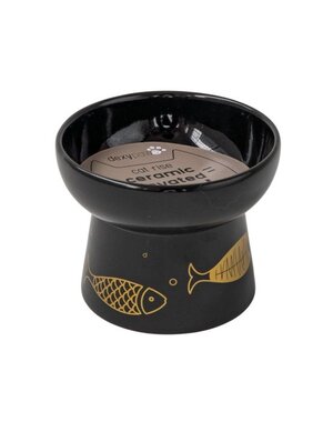 Dexypaws Dexypaws Raised Ceramic Cat Bowl Black with Gold Fish 7oz