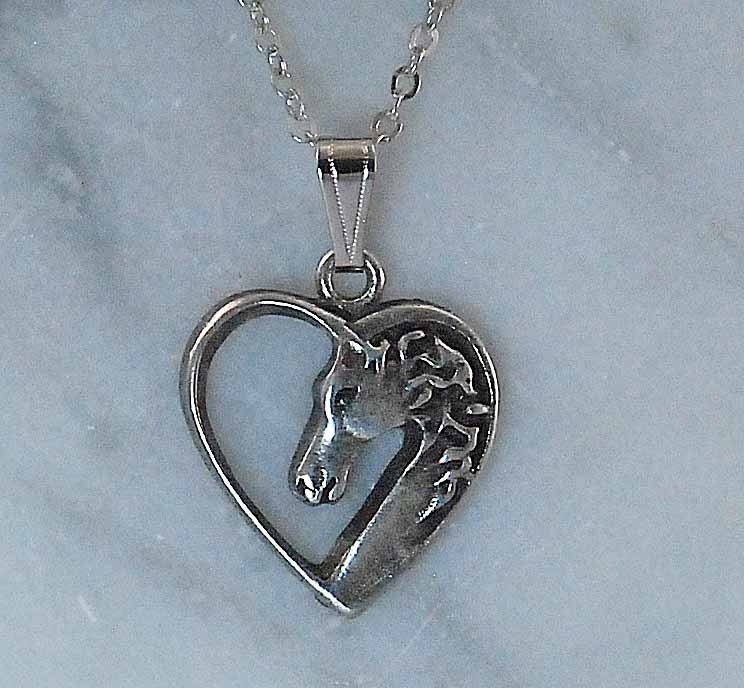 Necklace horse in heart silver color Toll Booth Saddle Shop