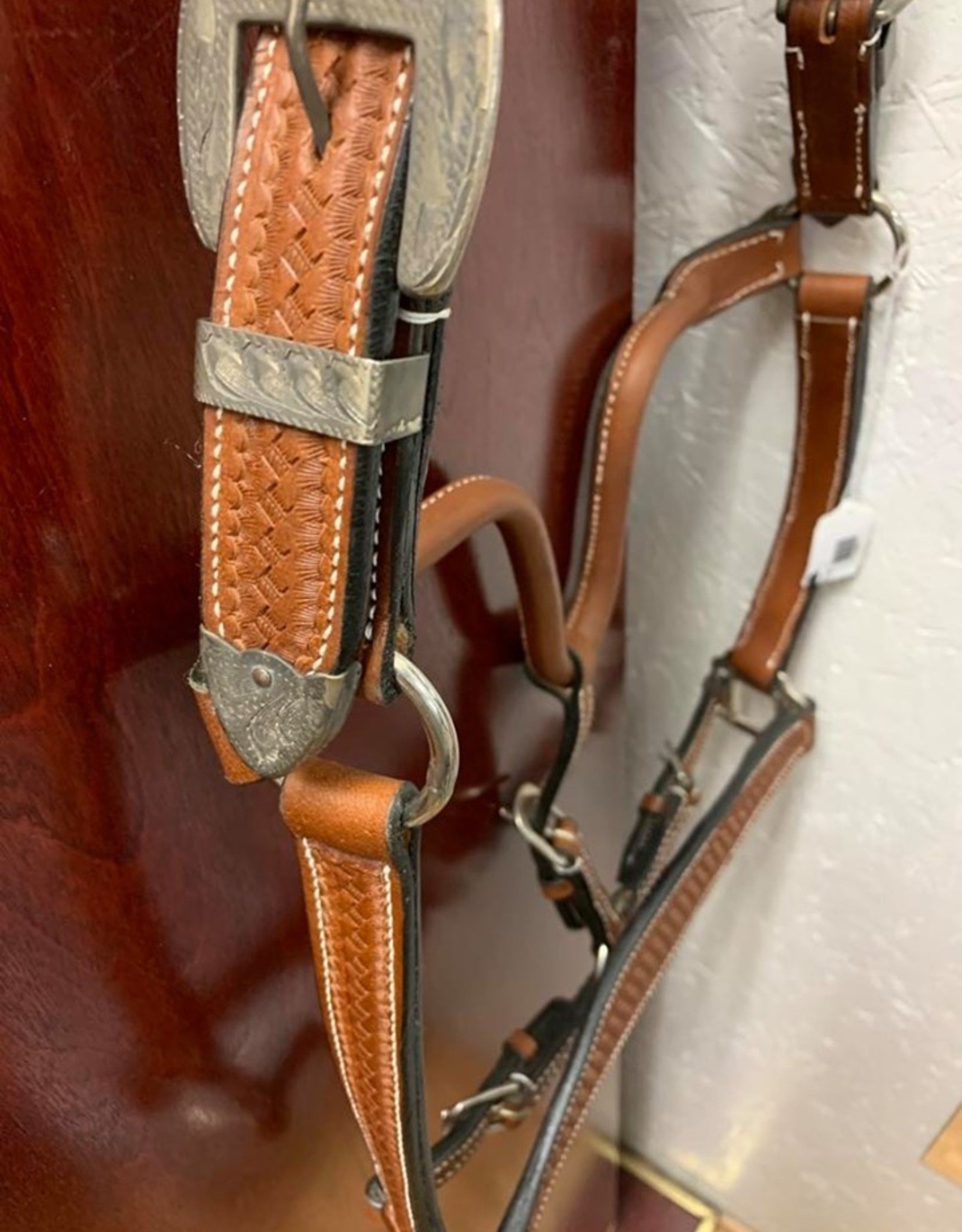 Western leather halter tooled with silver horse sz - Toll Booth