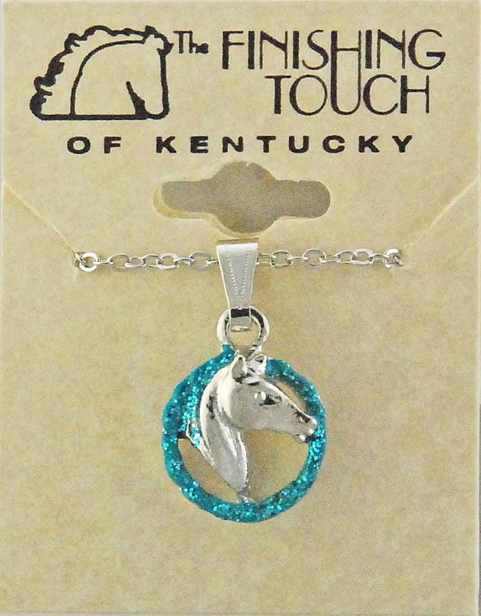 HORSE HEAD IN ROPE IMITATION RHODIUM PLATE TURQUOISE GLITTER NECK ON 18" CURB CHAIN