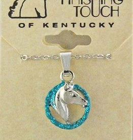 HORSE HEAD IN ROPE IMITATION RHODIUM PLATE TURQUOISE GLITTER NECK ON 18" CURB CHAIN