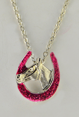 Horse head in shoe necklace im rhodium pink glitter