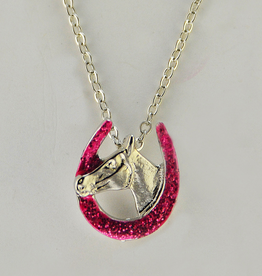 Horse head in shoe necklace im rhodium pink glitter