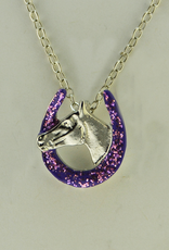 Horse head in purple glitter horse shoe necklace