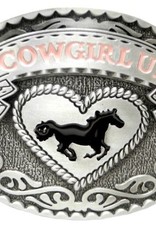 "COWGIRL UP" on an oval Antique Silver Buckle with Heart framed Running Horse.