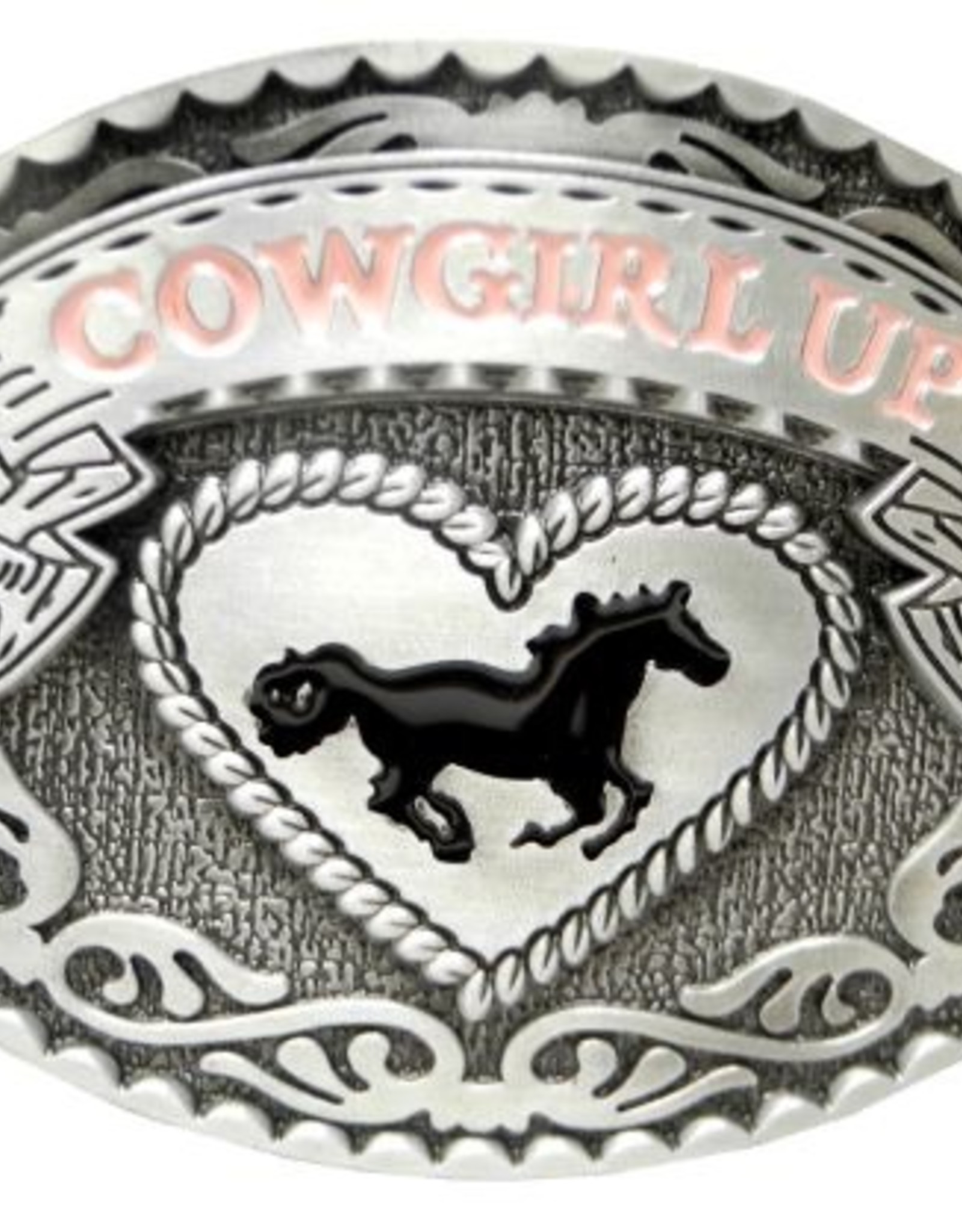 "COWGIRL UP" on an oval Antique Silver Buckle with Heart framed Running Horse.