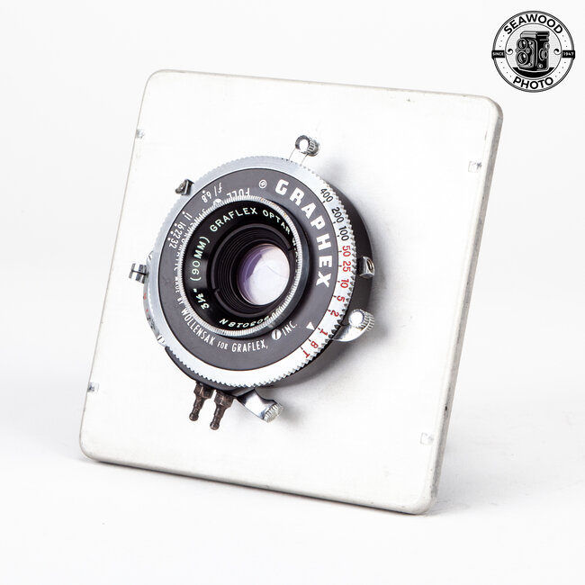 Graflex 90mm f/6.8 W.A. Optar 4x5 Lens in Crown Graphic Board GOOD+