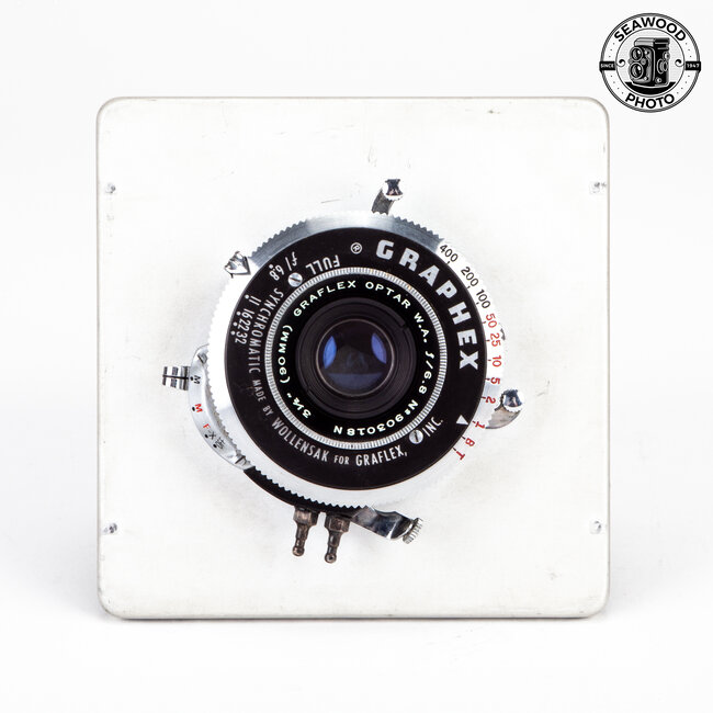 Graflex 90mm f/6.8 W.A. Optar 4x5 Lens in Crown Graphic Board GOOD+