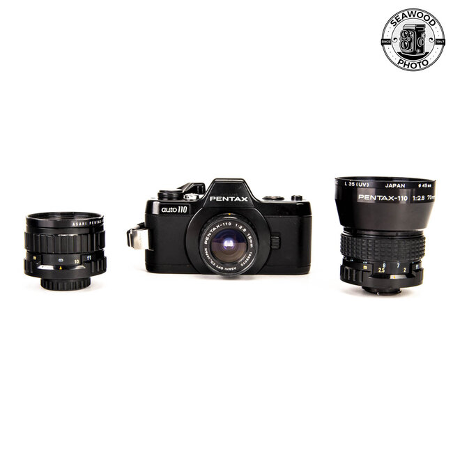 Pentax Auto 110 with 18mm, 50mm, and 70mm f2.8 lens GOOD+