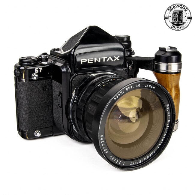 Pentax 67 Camera Kit w/ 55mm f/3.5, TTL Prism, & Grip GOOD