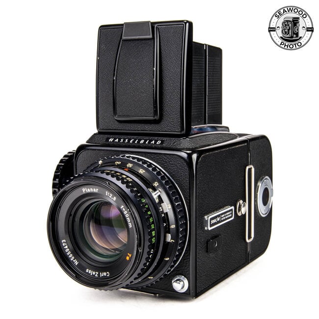 Hasselblad 500 C/M Black w/Zeiss 80mm f/2.8 Planar C T*, WL Finder, A12 Back GOOD+