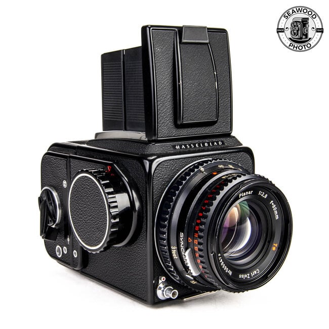 Hasselblad 500 C/M Black w/Zeiss 80mm f/2.8 Planar C T*, WL Finder, A12 Back GOOD+
