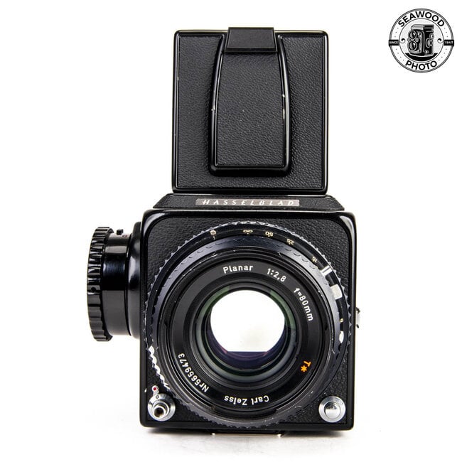 Hasselblad 500 C/M Black w/Zeiss 80mm f/2.8 Planar C T*, WL Finder, A12 Back GOOD+