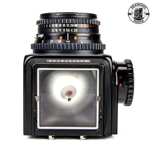 Hasselblad 500 C/M Black w/Zeiss 80mm f/2.8 Planar C T*, WL Finder, A12 Back GOOD+