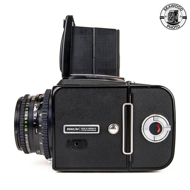 Hasselblad 500 C/M Black w/Zeiss 80mm f/2.8 Planar C T*, WL Finder, A12 Back GOOD+