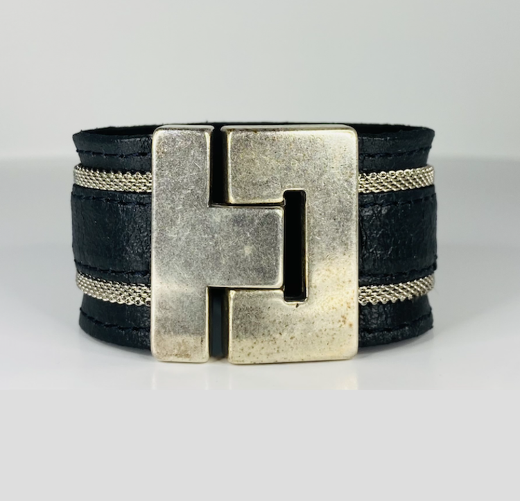 streets ahead Leather Cuff with Silver Mesh