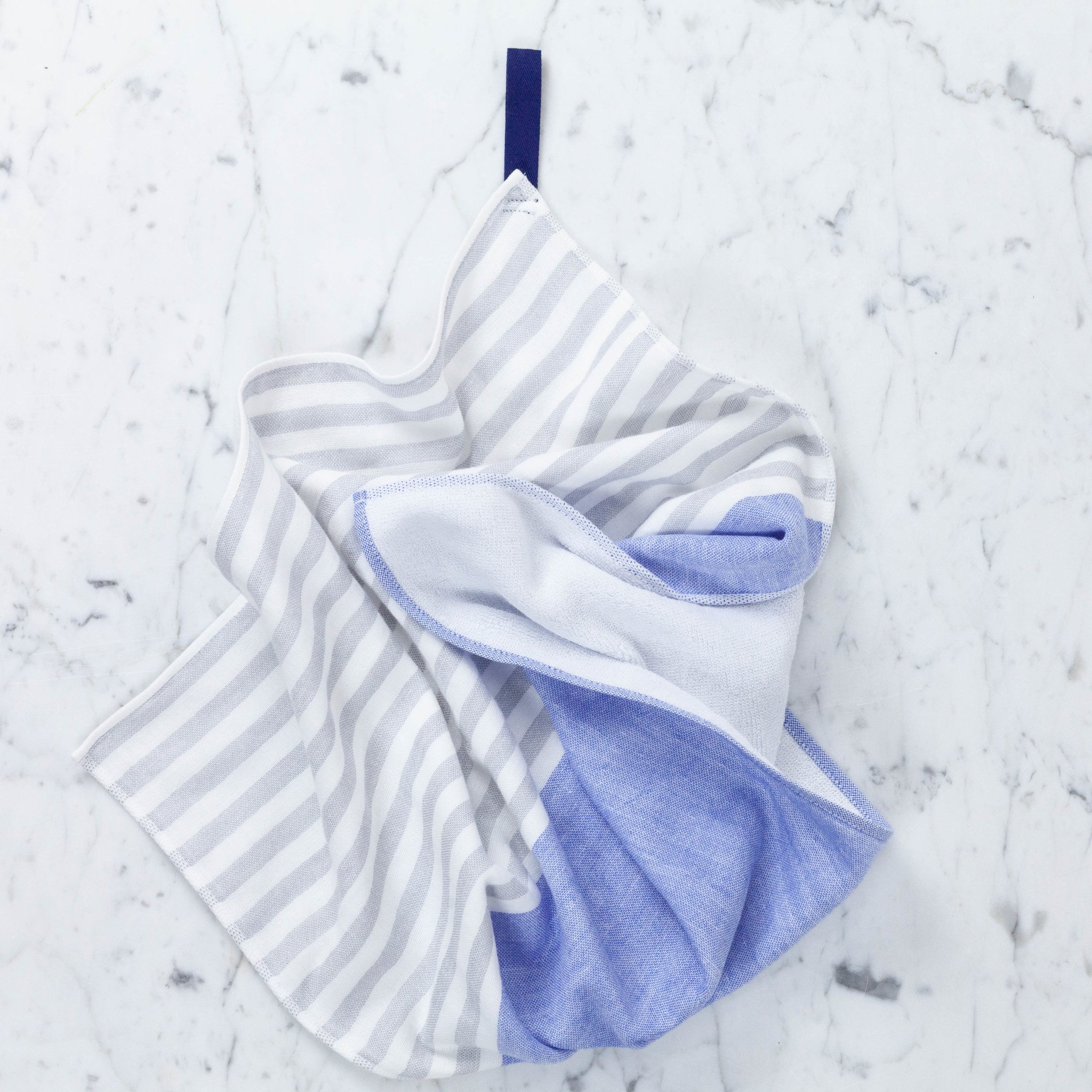 Square Towel with Hanging Loop - Blue Chambray & Grey Stripes - 19.5"
