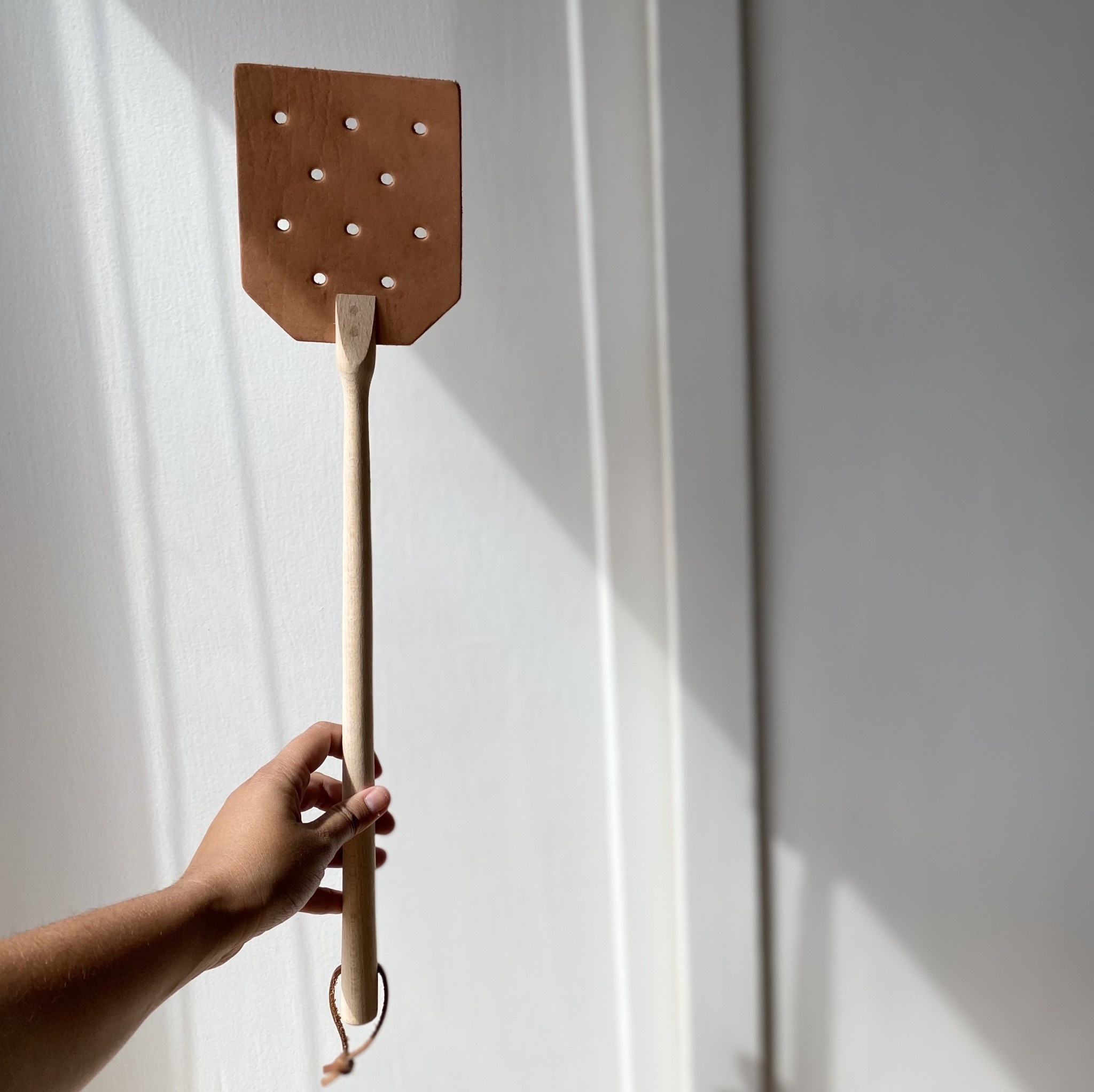 German Beechwood and Leather Fly Swatter 20"