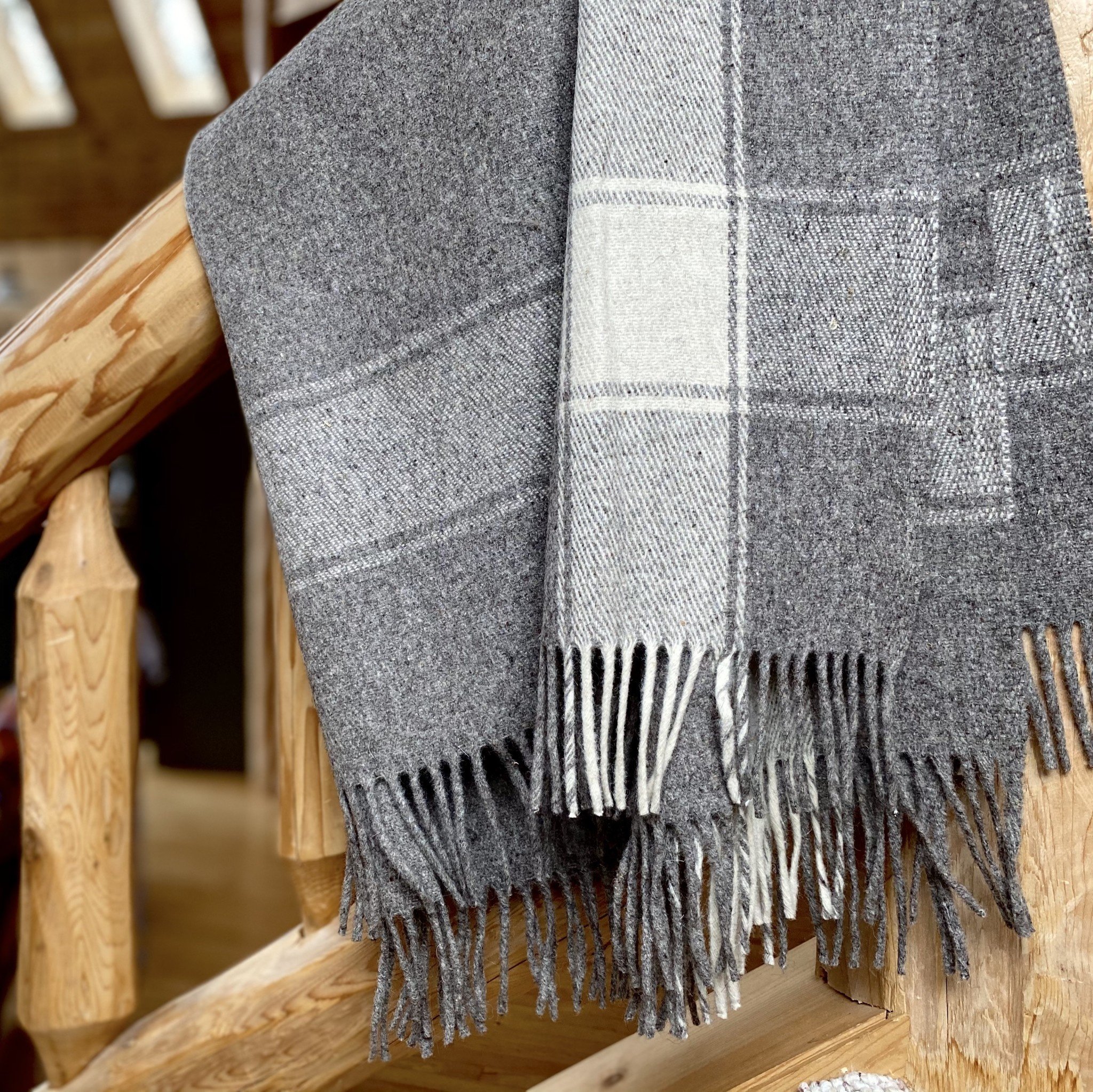 Rustic Wool Blanket - Grey with Wide Cream Stripe
