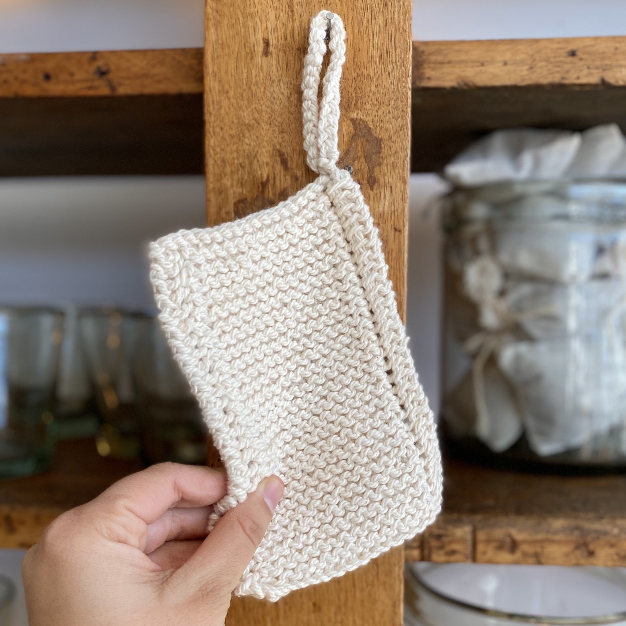 Hand Knit Small Scrubbing Pad with Loop - Organic Cotton