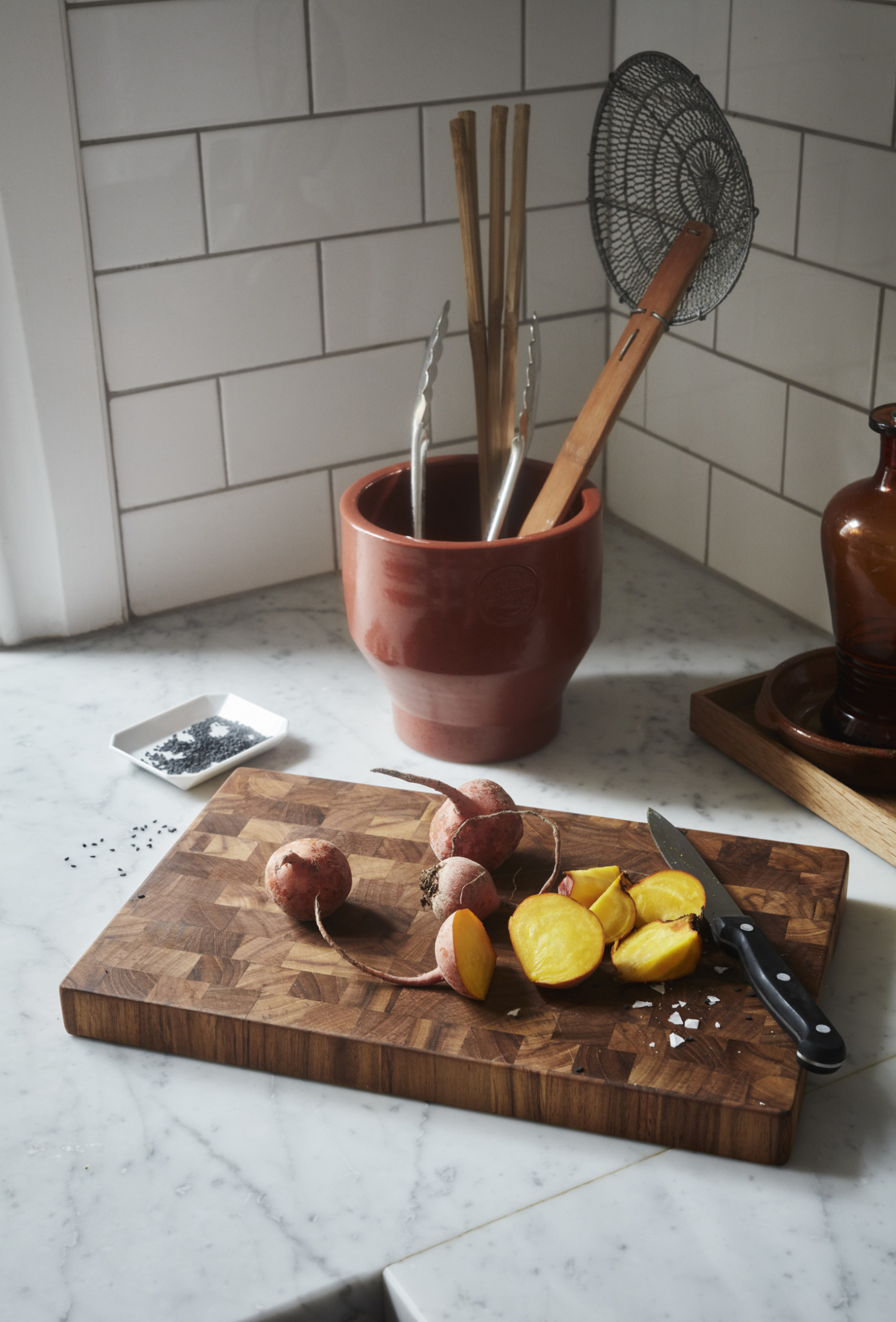 meistar Large End Grain Teak Wood Cutting Board for Kitchen, Brisket and  BBQ with S. Steel Tray, Fork, and Knife 