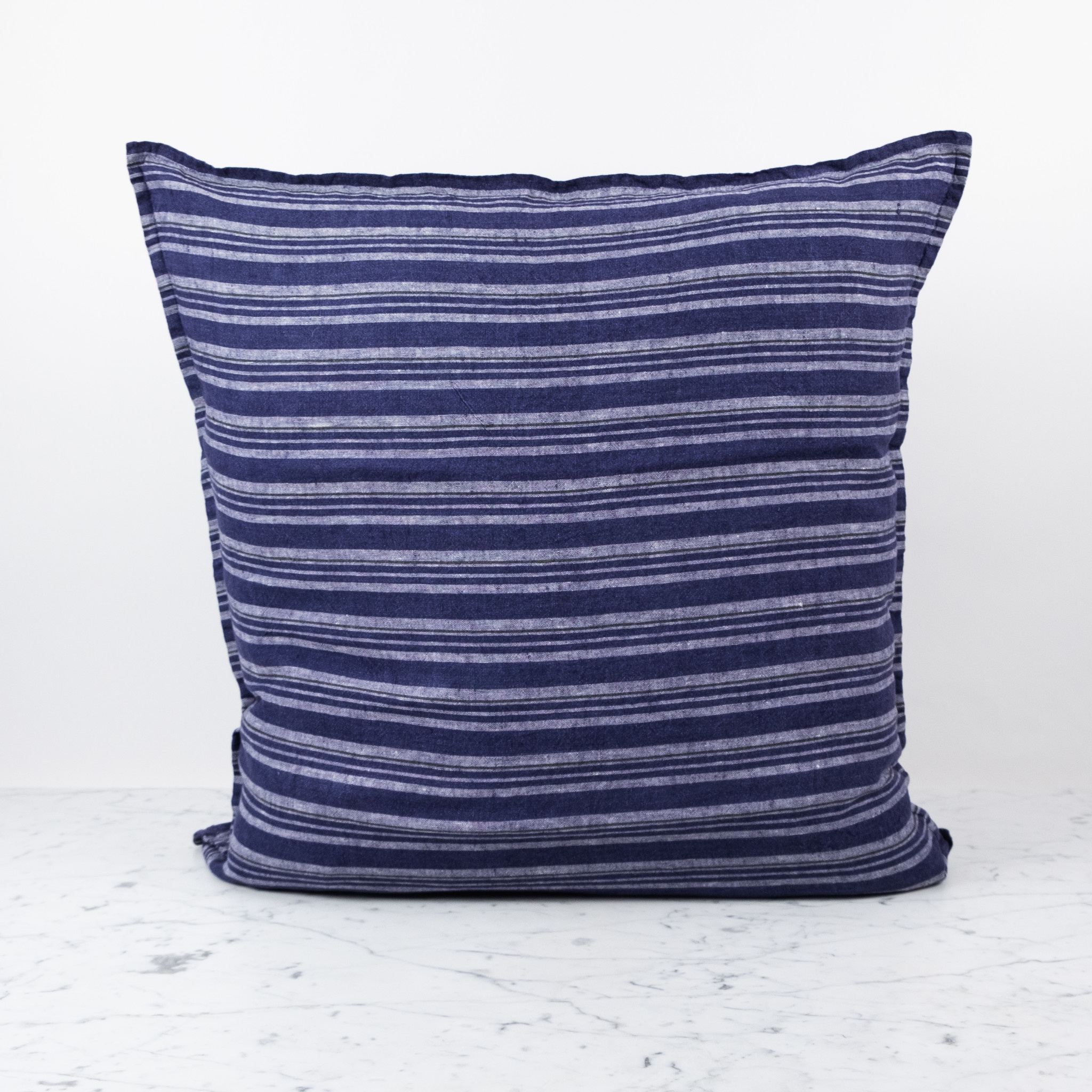 French Linen Pillow -  Dark Blue with Wide Pajama Stripe