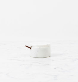 White Marble Salt Cellar with Lid and Wooden Spoon