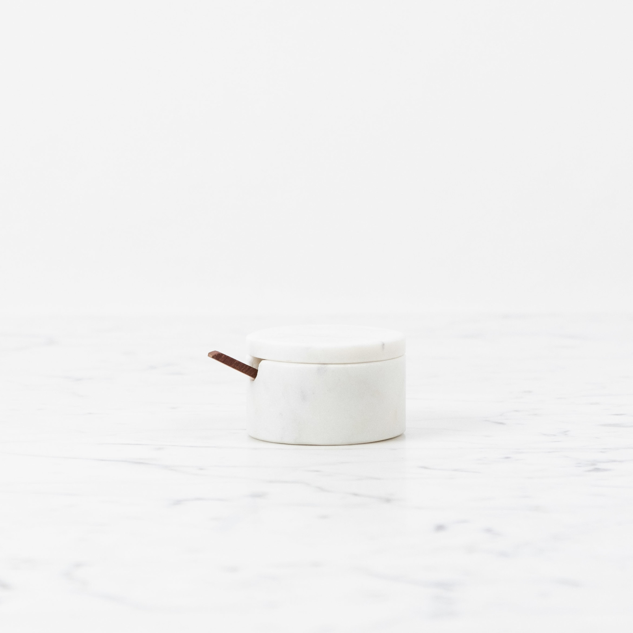 White Marble Salt Cellar with Lid and Wooden Spoon