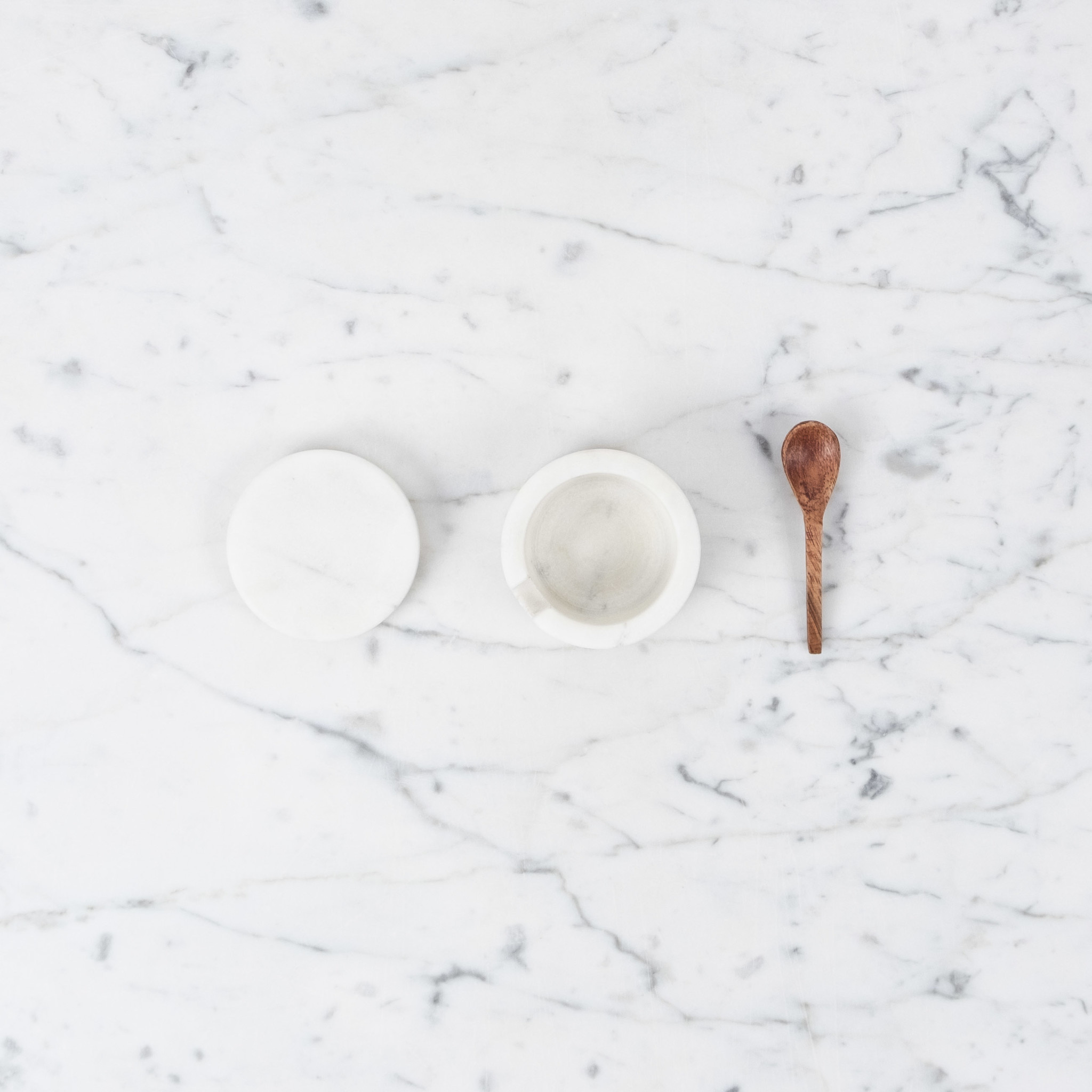 White Marble Salt Cellar with Lid and Wooden Spoon