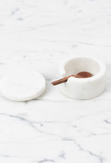 White Marble Salt Cellar with Lid and Wooden Spoon