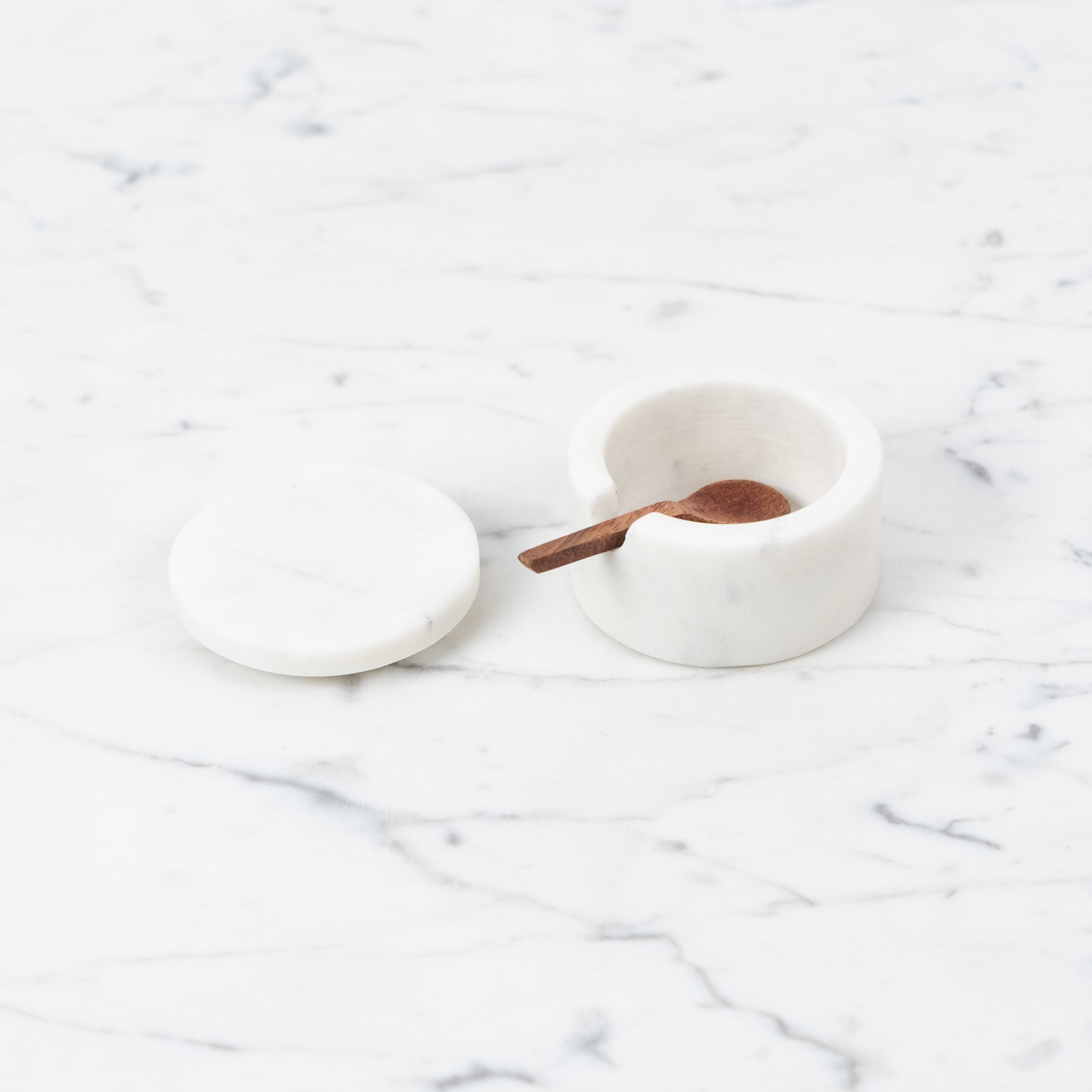 White Marble Salt Cellar with Lid and Wooden Spoon