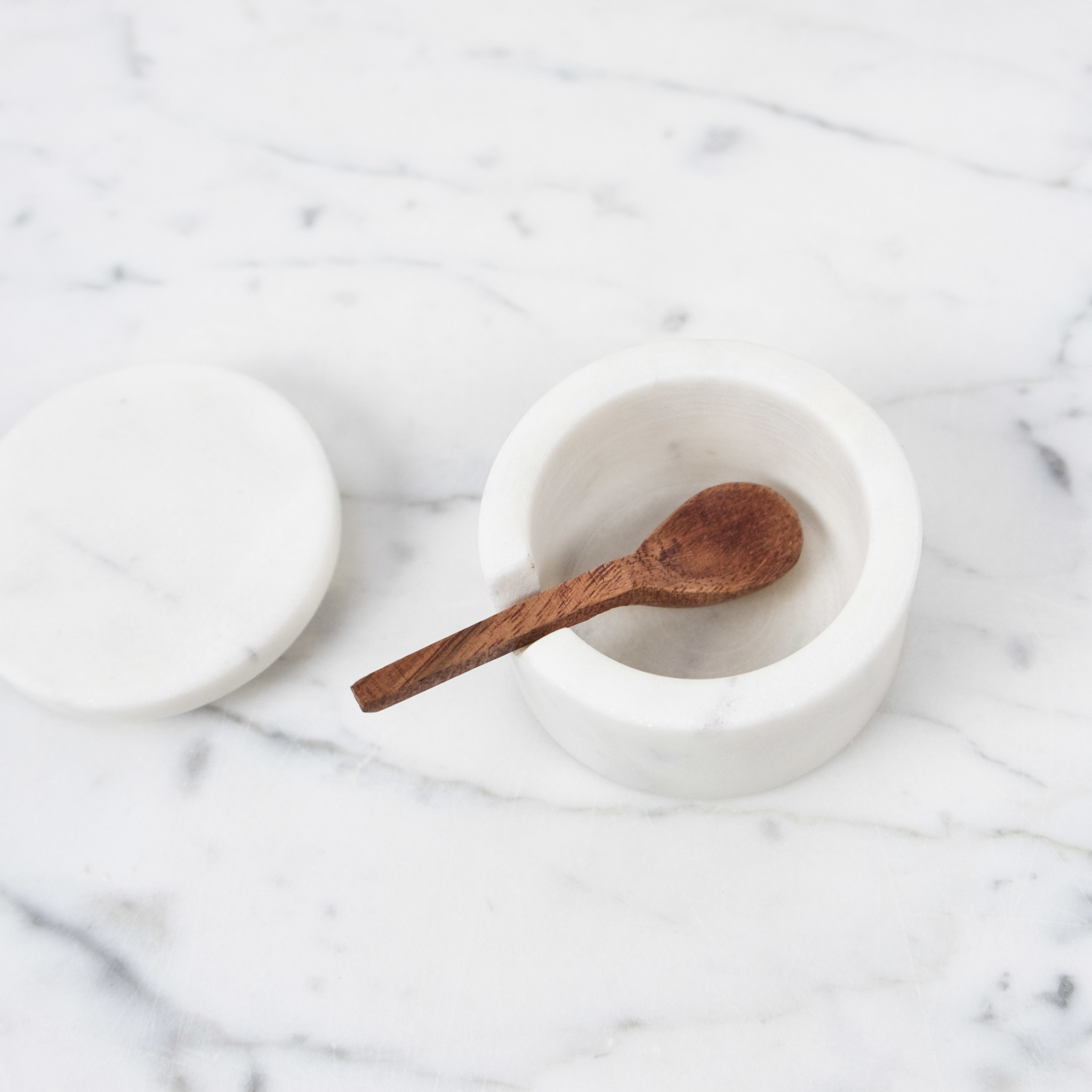 White Marble Salt Cellar with Lid and Wooden Spoon