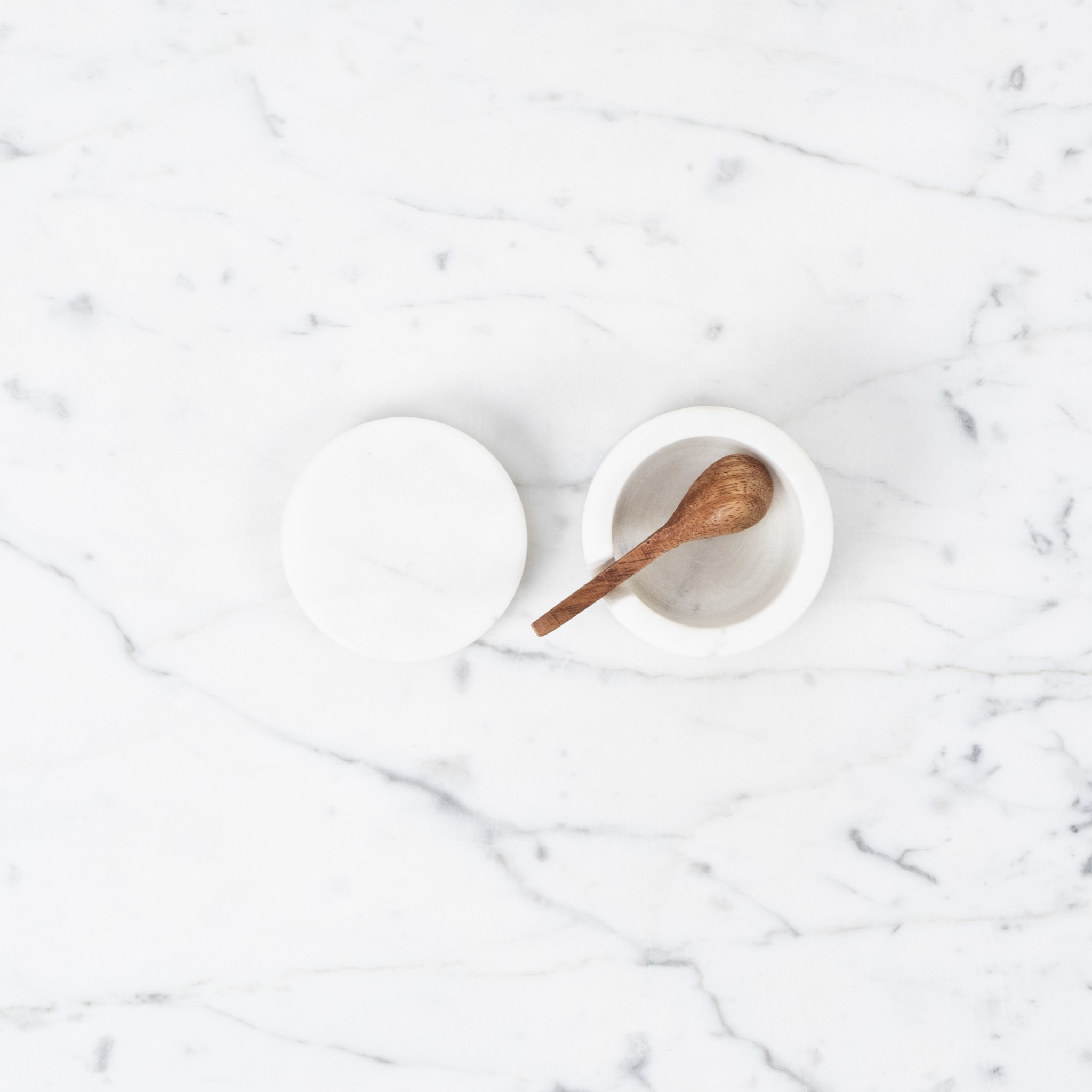 White Marble Salt Cellar with Lid and Wooden Spoon