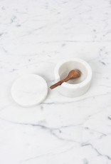White Marble Salt Cellar with Lid and Wooden Spoon