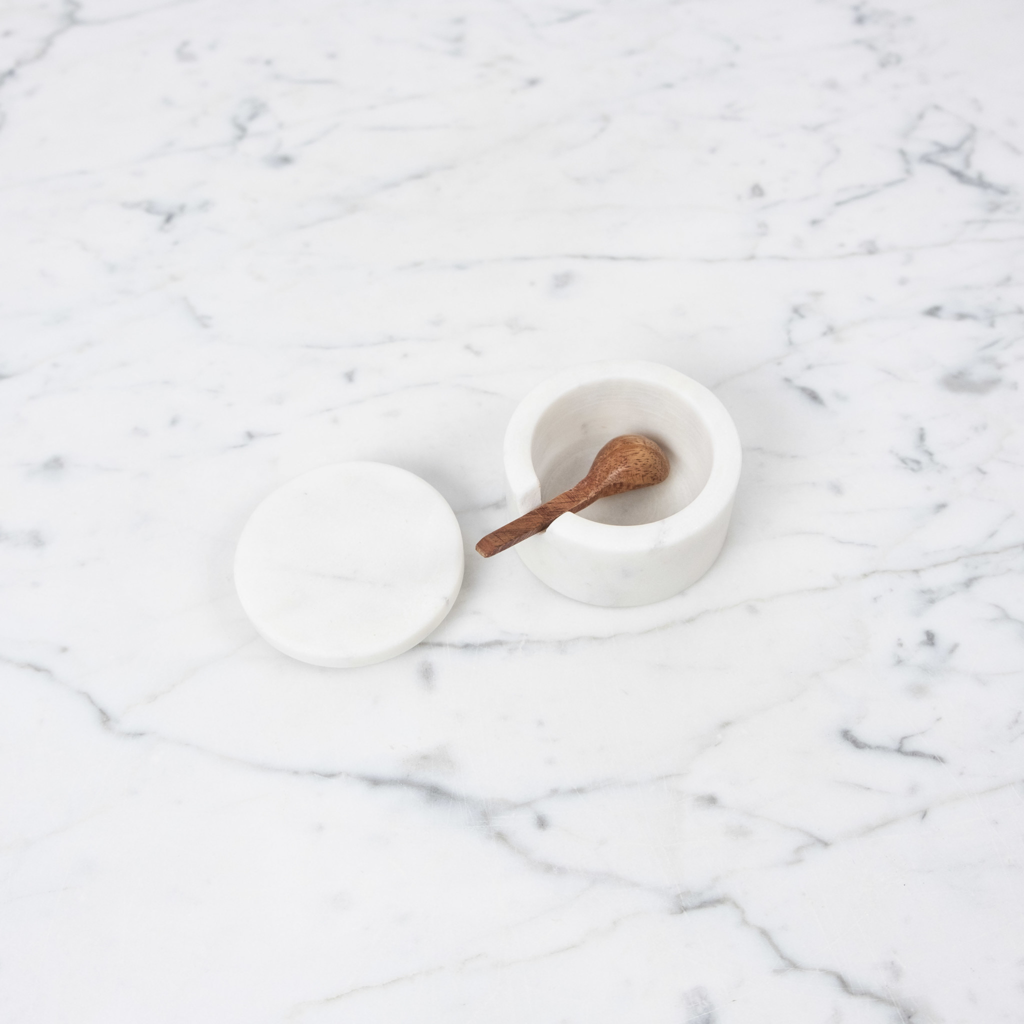 White Marble Salt Cellar with Lid and Wooden Spoon