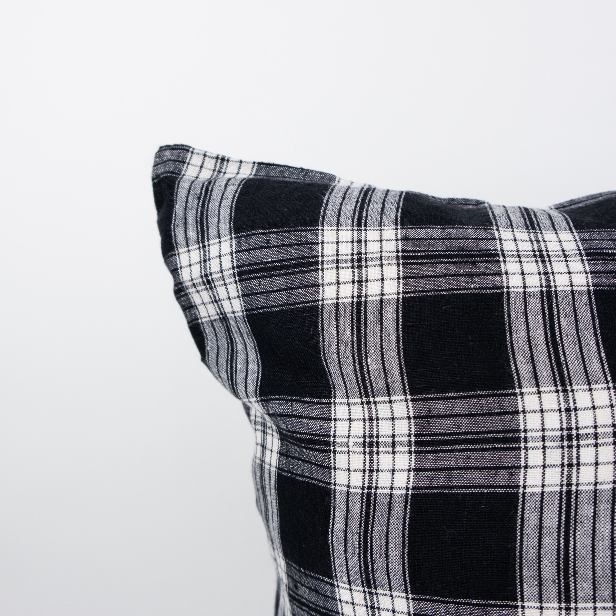 French Linen Pillow - Black Tartan Checks -  with Down Insert 25"