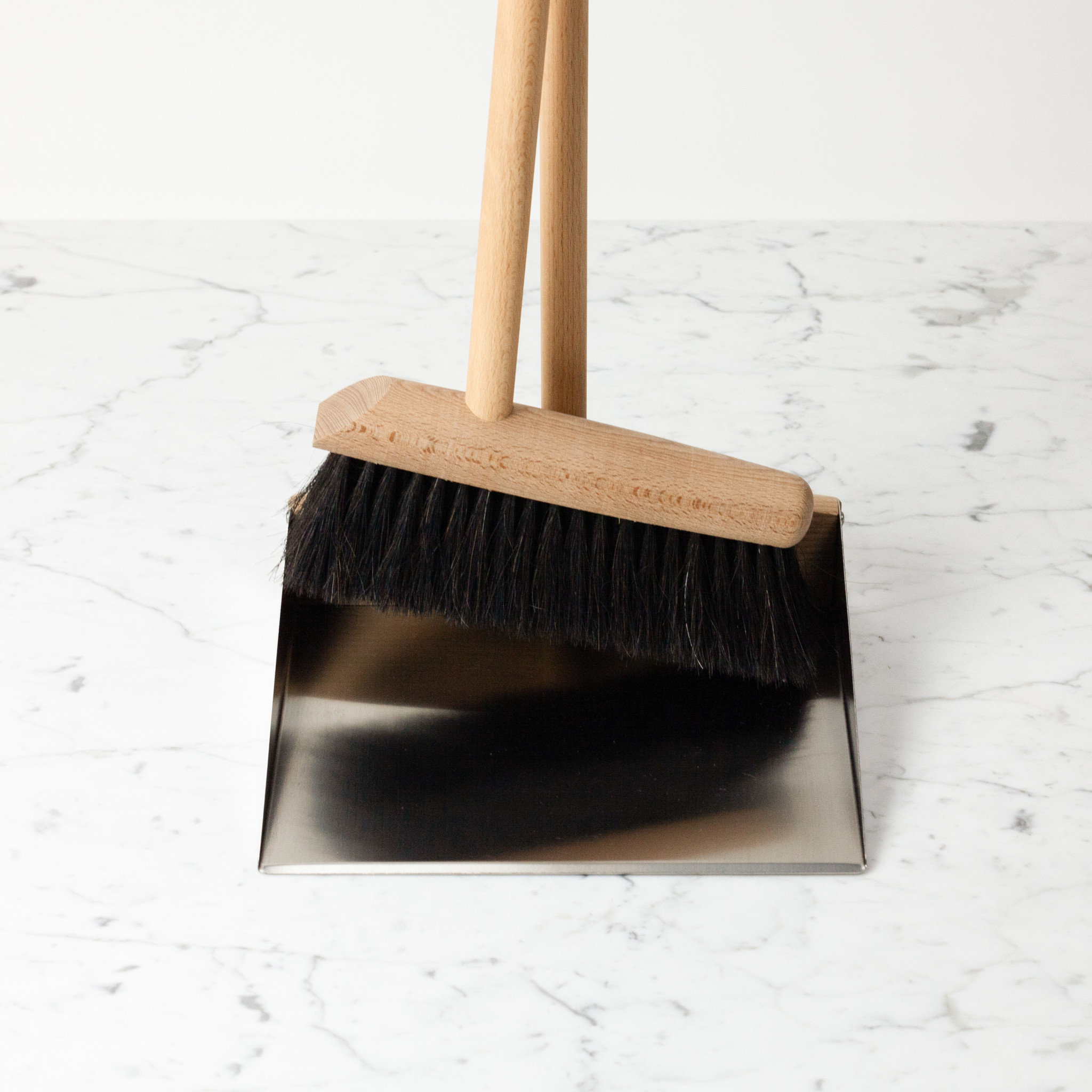 German Standing Dust Pan + Broom Set Beech Stainless Steel and Horsehair