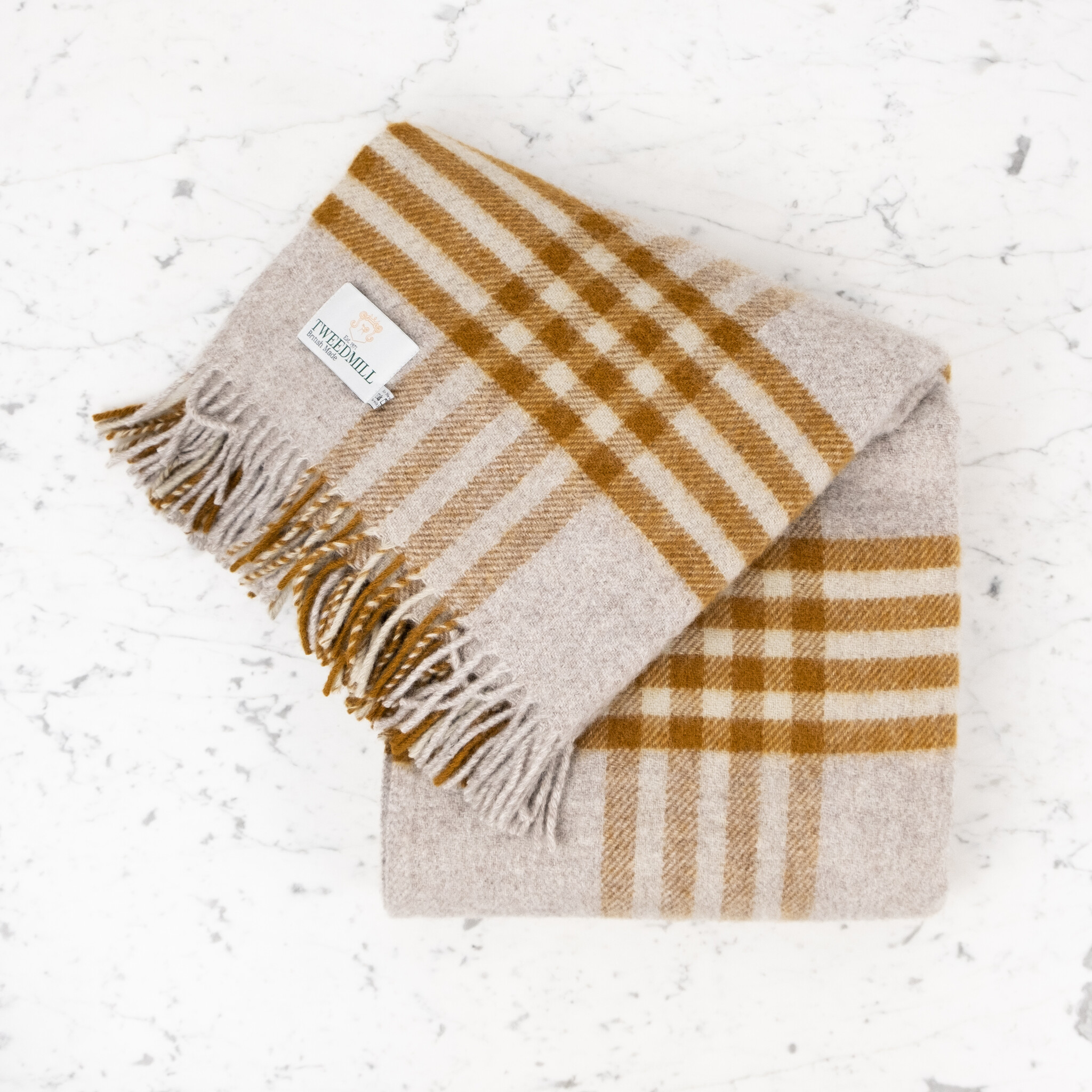 Pure New Wool Fringed Throw Hex Check English Mustard 60 x 95in